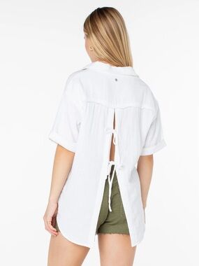 Roxy Women’s Button Down Maile Tie Gauze Shirt, L, EUC